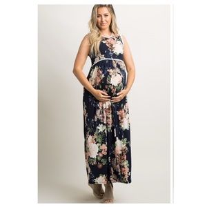 Navy Floral Sleeveless Crochet Trim Maternity Maxi